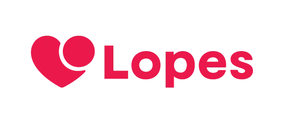 Logotipo rosa em forma de coração com um círculo ao lado da palavra "Lopes" em rosa.