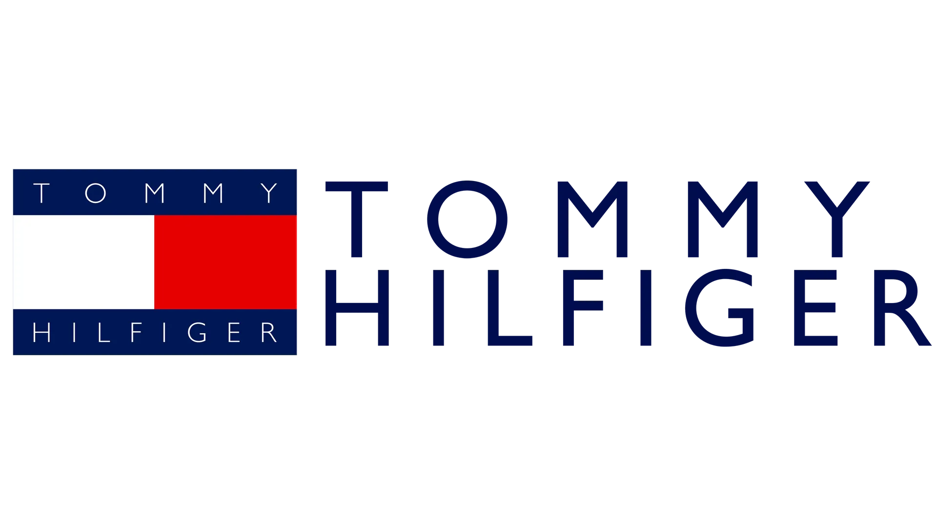 Logotipo da Tommy Hilfiger com bandeira retangular azul, branca e vermelha e nome da marca em texto azul.