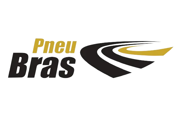 Logotipo da Pneu Bras com texto em preto e dourado e uma estrada estilizada.