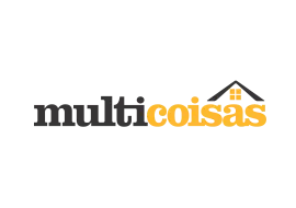 Logotipo da "Multicoisas" apresentando texto e um ícone estilizado de uma casa em preto e amarelo.