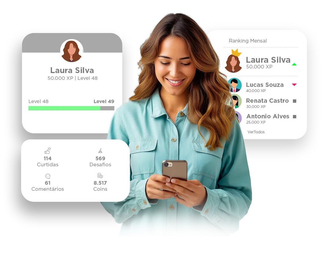 Mulher sorrindo enquanto usa um telefone, com maquetes da interface do aplicativo mostrando contatos e informações de perfil.